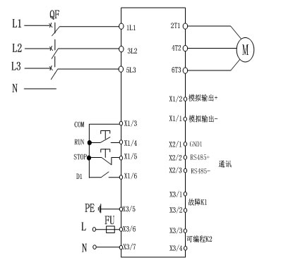 CMC-MX內(nèi)置旁路軟起動(dòng)器基本接線原理圖、三角形內(nèi)接連接圖和典型應(yīng)用接線圖(圖1)